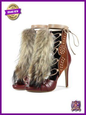 Handmade Stiletto Ankle Heeled Sandal Bootie, Suede Furry Fur Fluffy Plush